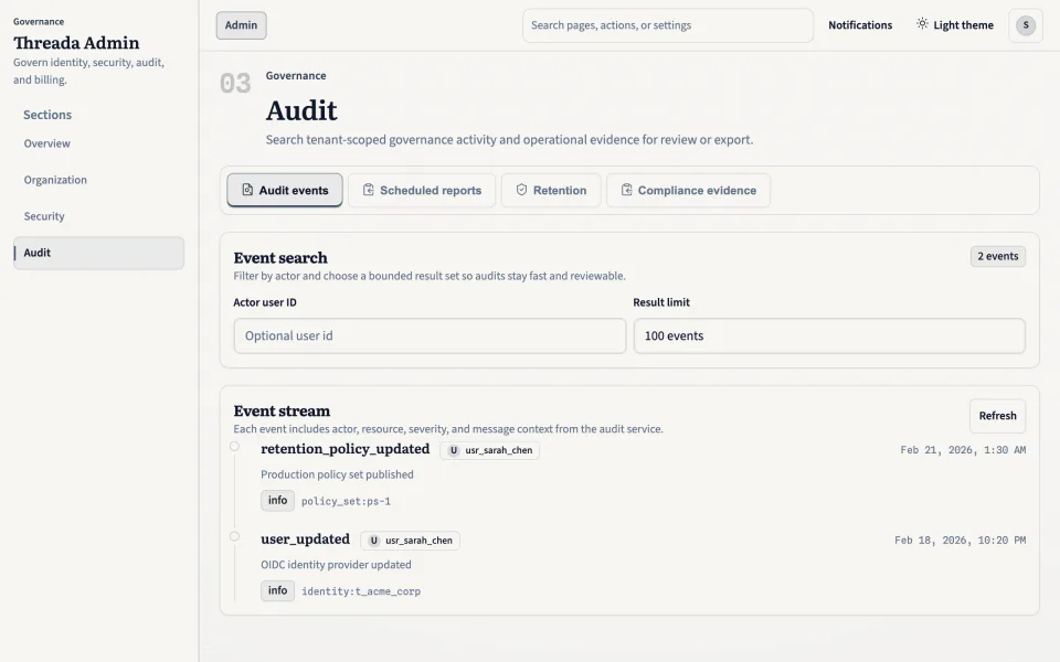 Threada Admin 審計事件頁面，顯示受管治操作同審批嘅時間線