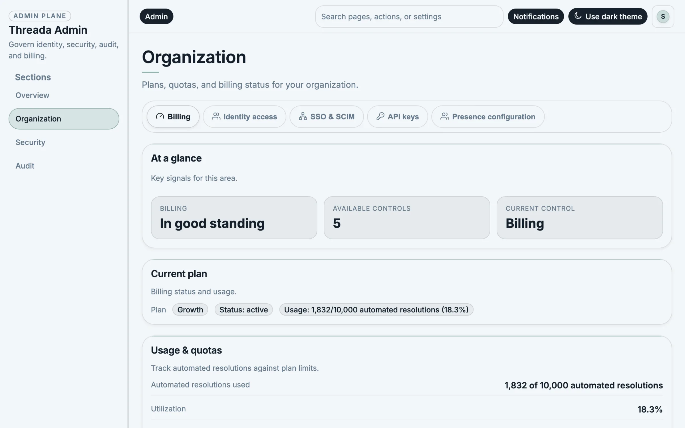Threada Admin billing page showing plan status, usage, and checkout controls