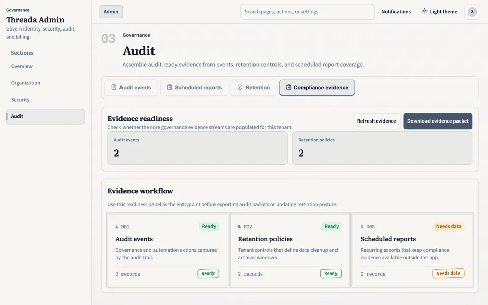 Threada Admin 證據頁面,顯示帶有時效性同來源歸属嘅知識資產