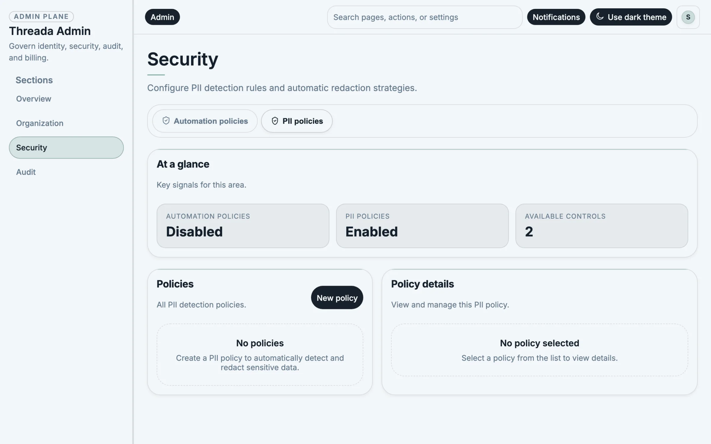 Threada Admin PII policies page showing data classifications, redaction rules, and review controls