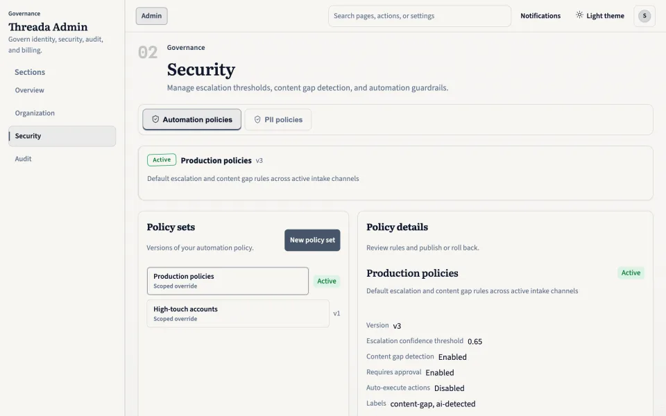 Threada Admin 安全政策頁面,顯示WorkItem管治規則同審批閾值