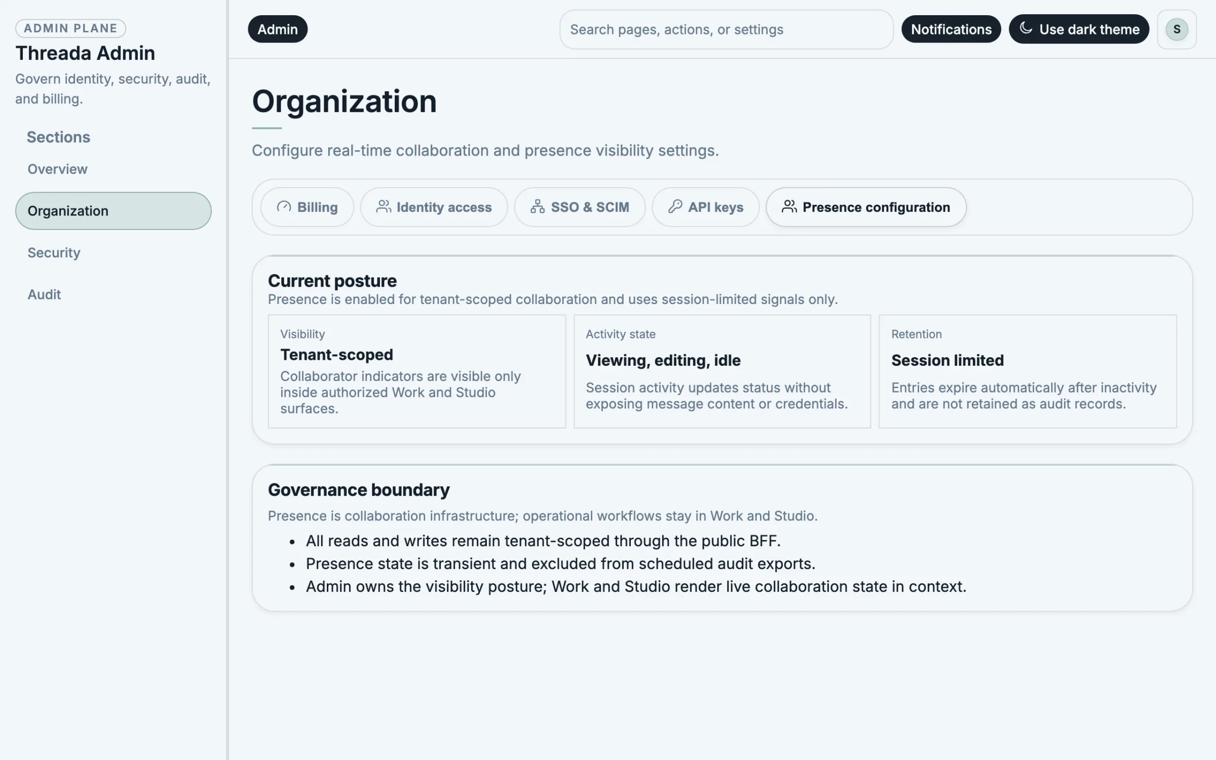 Threada Admin presence configuration page showing identity provider and user lifecycle controls