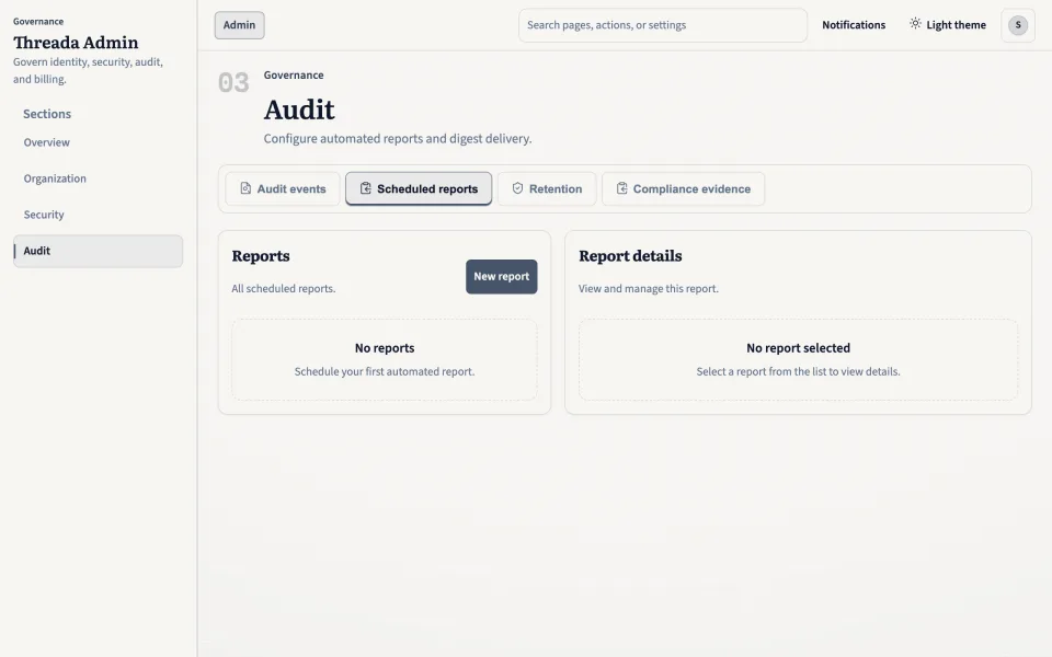Threada Admin 審計報告頁面，顯示計劃匯出同合規報告狀態