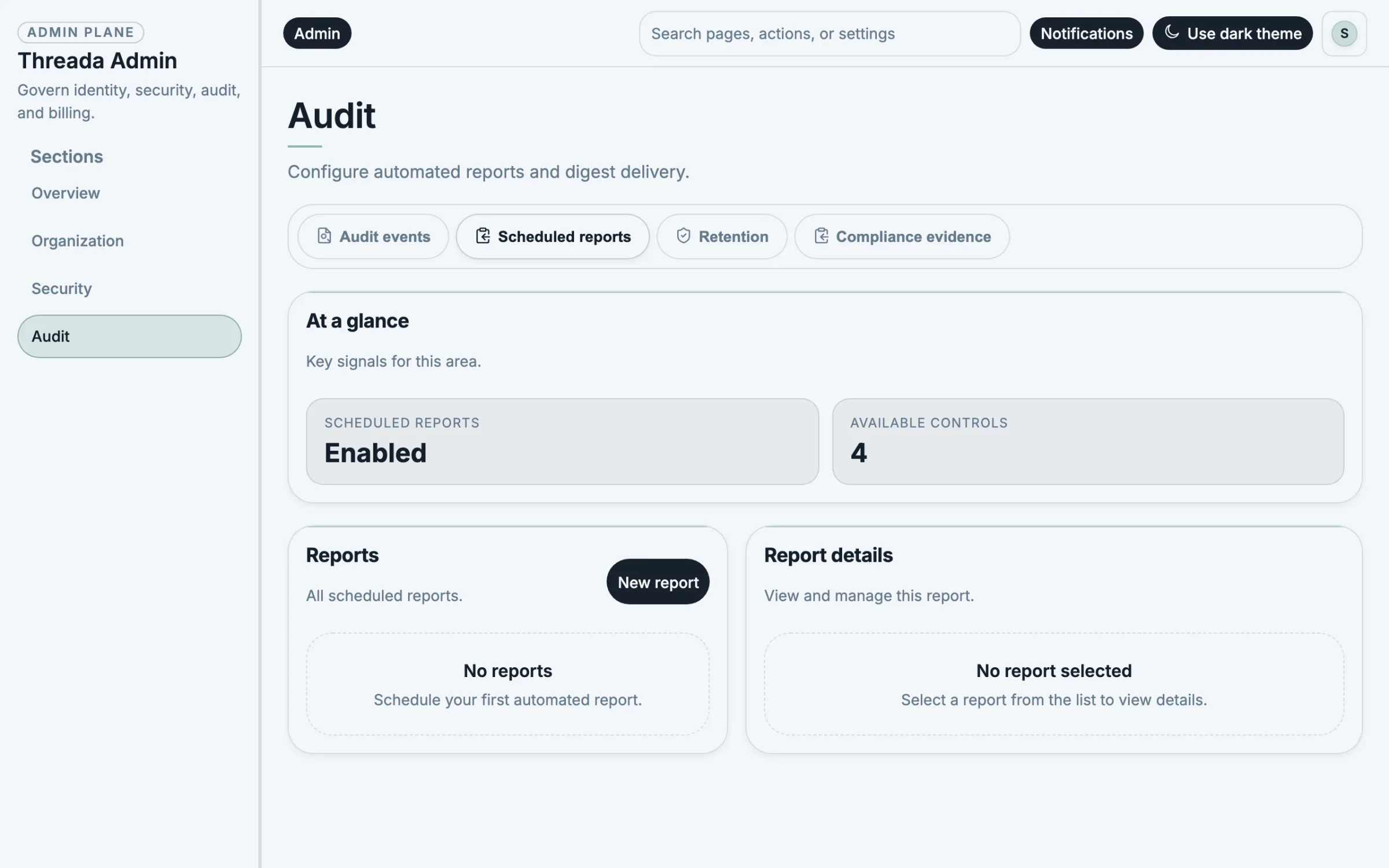 Threada Admin audit reports page showing scheduled exports and compliance report status