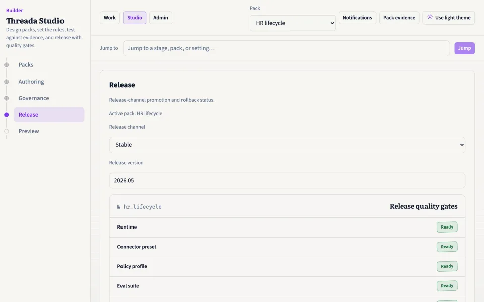 Threada Studio 發佈頁面，顯示執行時、連接器、政策同評估就緒情況嘅質素門